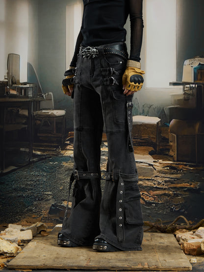 Deconstruction Ribbon Strap Flare Denim Jeans WN22760