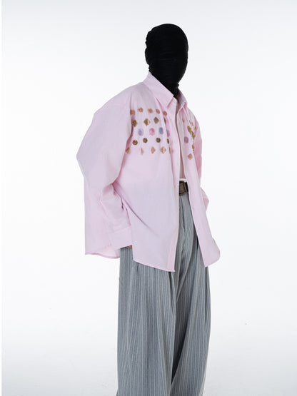 Stripe Gem Embroidery Design Long Sleeve Shirt WN23625