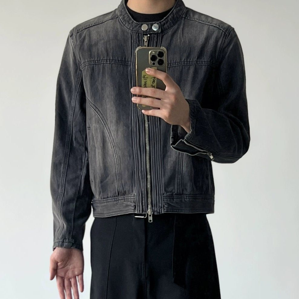 Rivet Washed Short Ziiper Denim Jacket WN21413