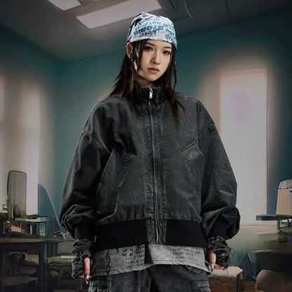 Washed Stand Neck Oversize Short Jacket WN20569