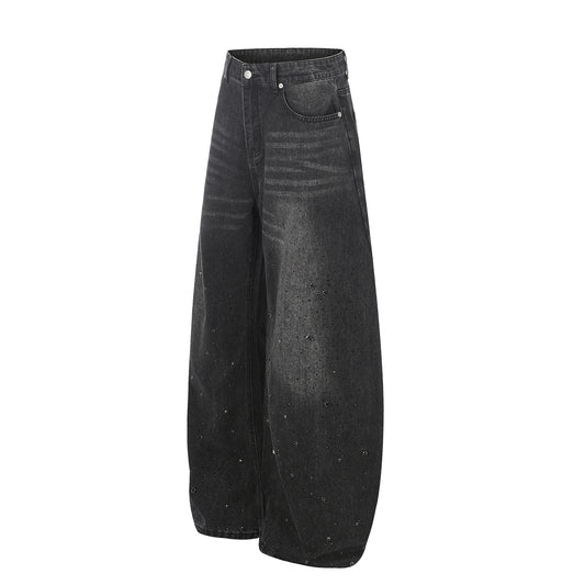 Washed Rhinestone Barrel Denim Jeans WN26102