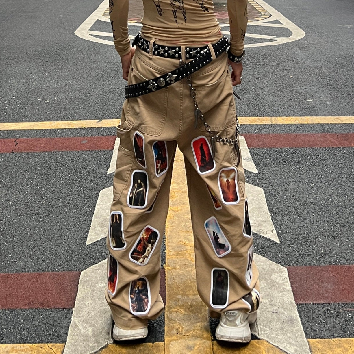 Photo Print Mix Patch Wide Leg Denim Jeans WN24066