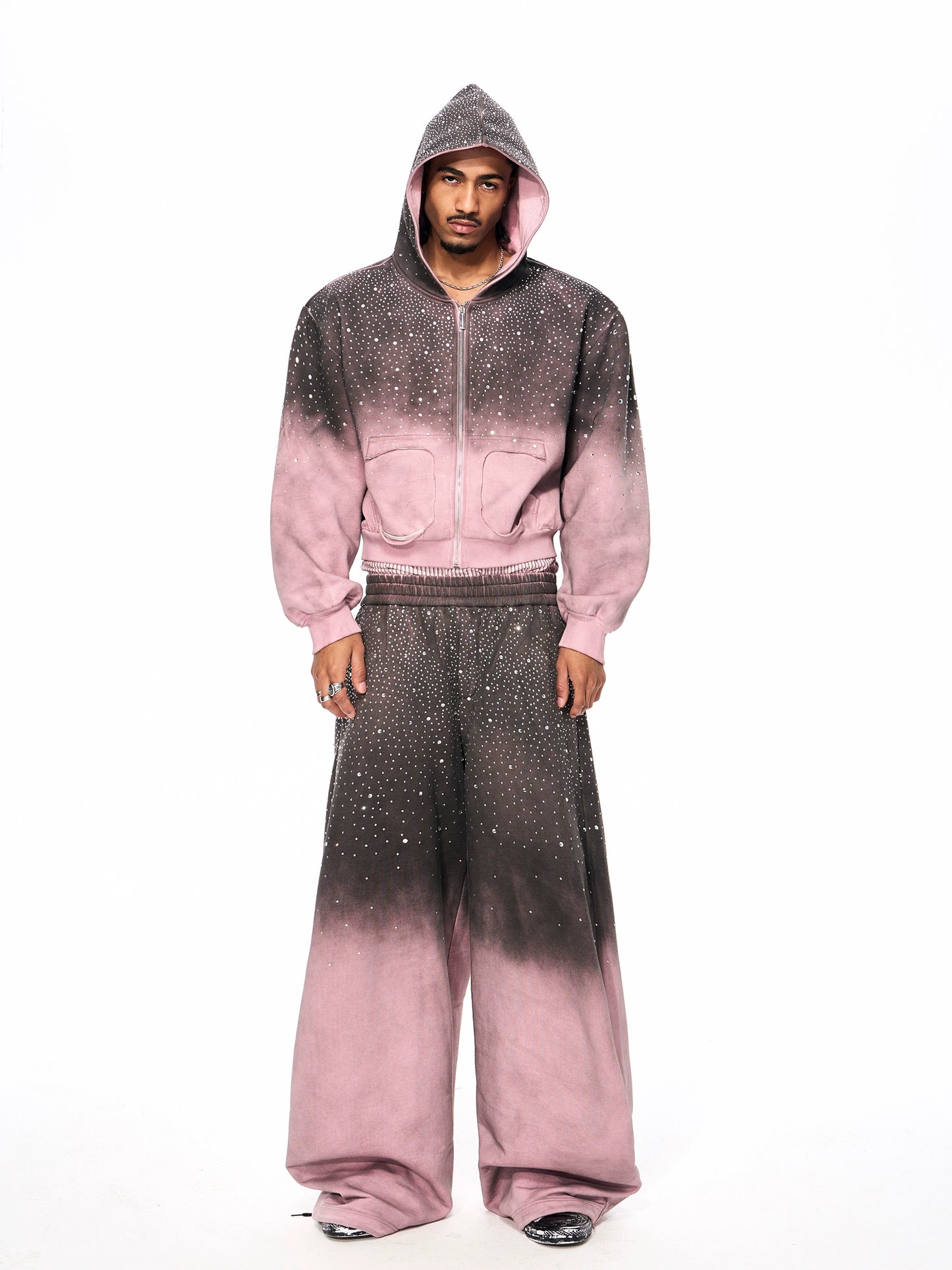 Rhinestone Fake Fur Lining Hoodie & Sweat Pants Setup WN22149
