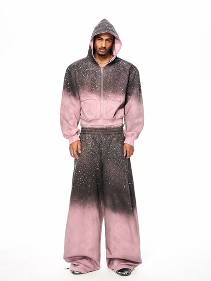 Rhinestone Fake Fur Lining Hoodie & Sweat Pants Setup WN22149