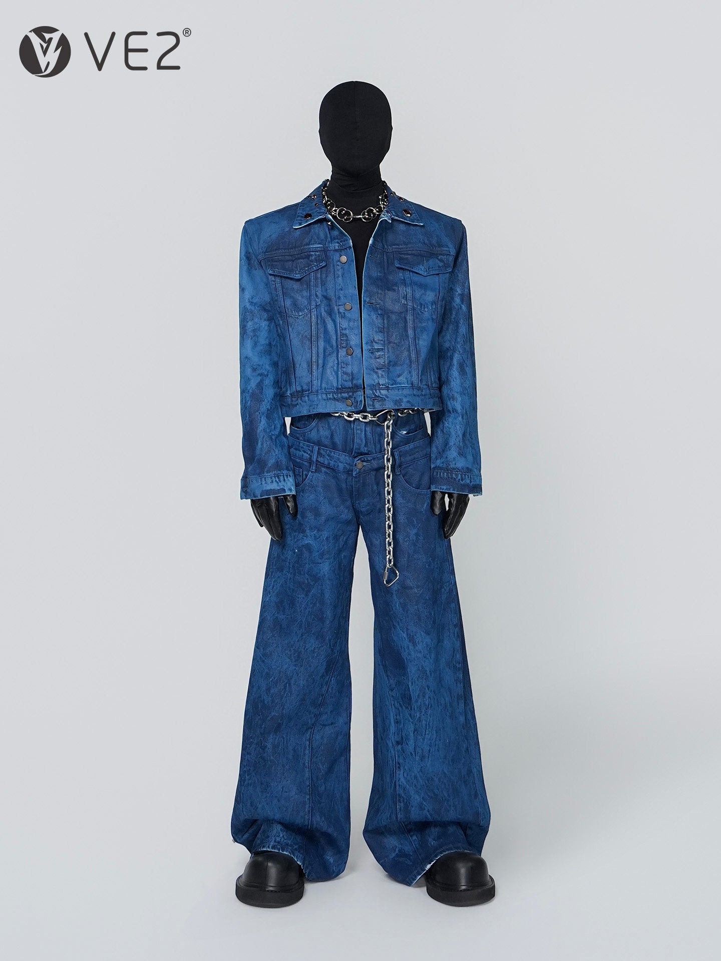Wax Coated Short Denim Jacket & Wax Coated Wide Leg Denim Jeans Setup WN24308