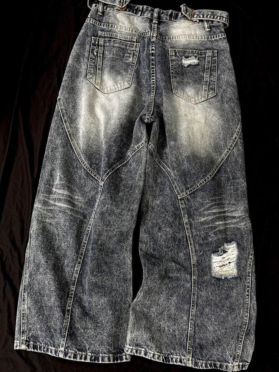 Washed Damage Splice Wide Leg Denim Jeans WN25742