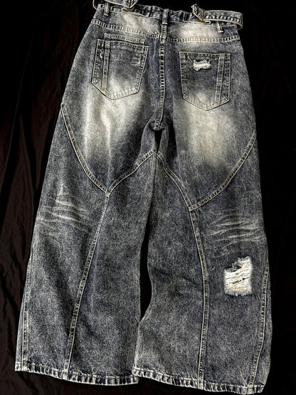 Washed Damage Splice Wide Leg Denim Jeans WN25742