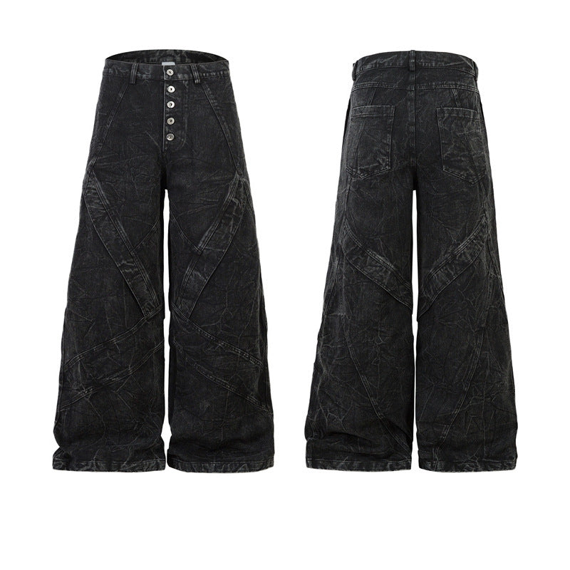 Patchwork Wash Wide Leg Straight Denim Jeans WN23027