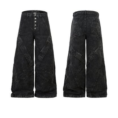 Patchwork Wash Wide Leg Straight Denim Jeans WN23027