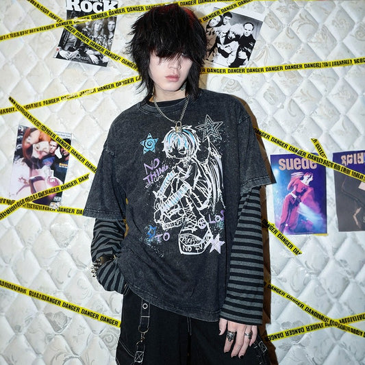 Washed Illustration Design Short Sleeve T-Shirt WN15877