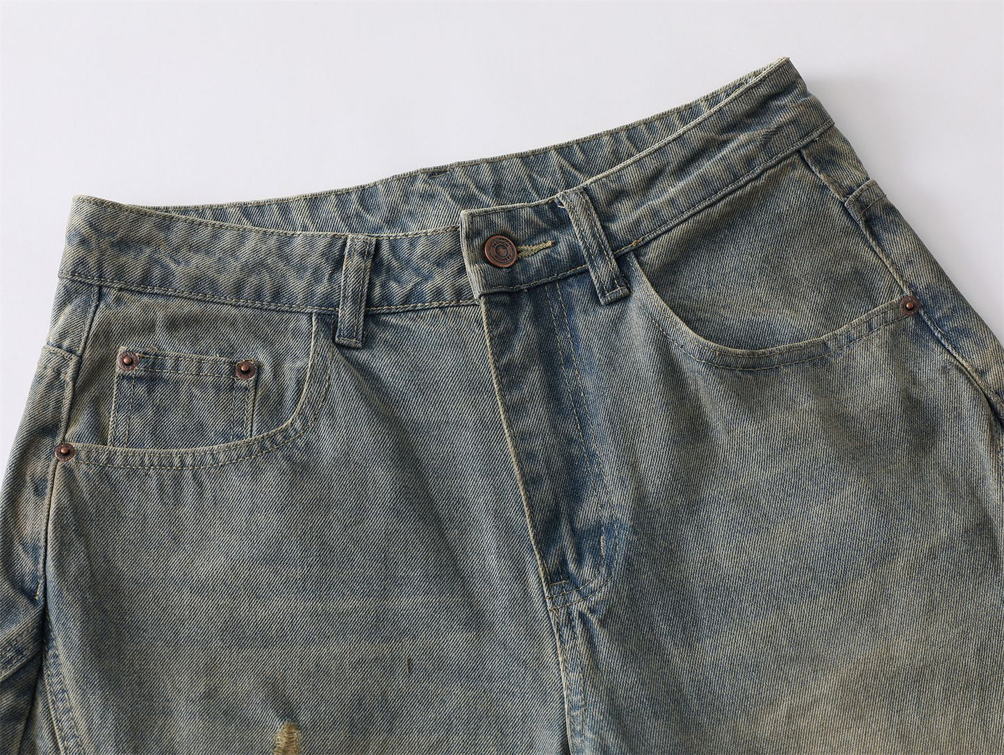 Washed Paint Splatter Ripped Curved Leg Denim Jeans WN26825
