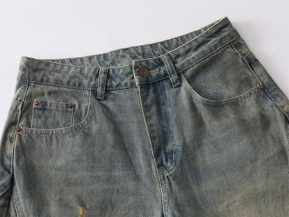 Washed Paint Splatter Ripped Curved Leg Denim Jeans WN26825