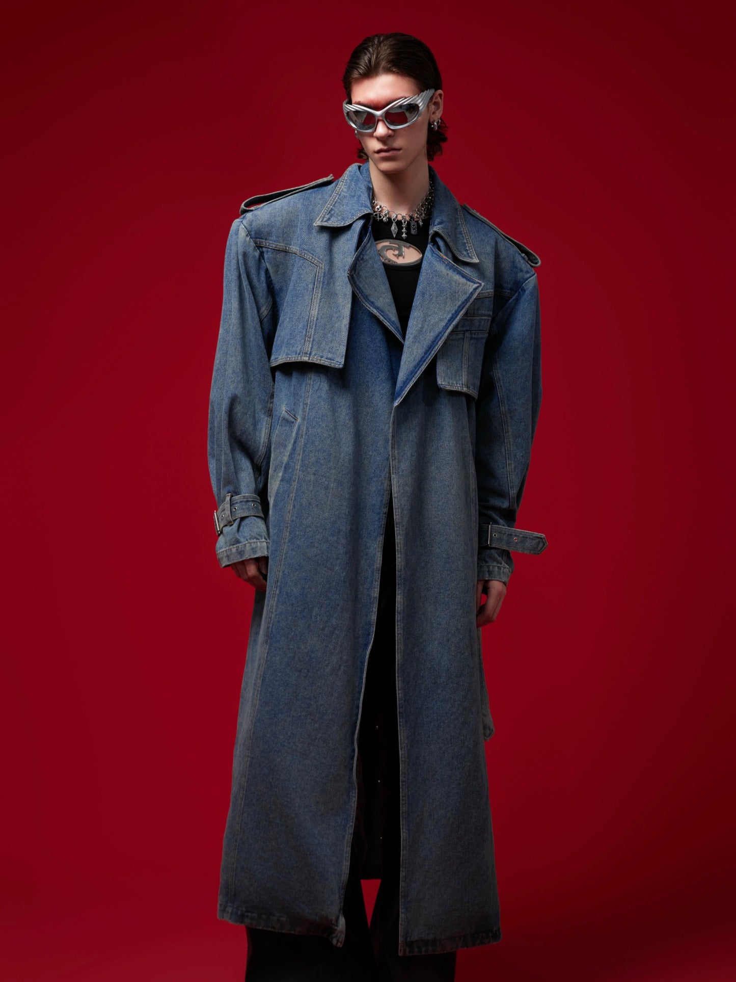 Washed Double Breasted Long Denim Coat WN8684