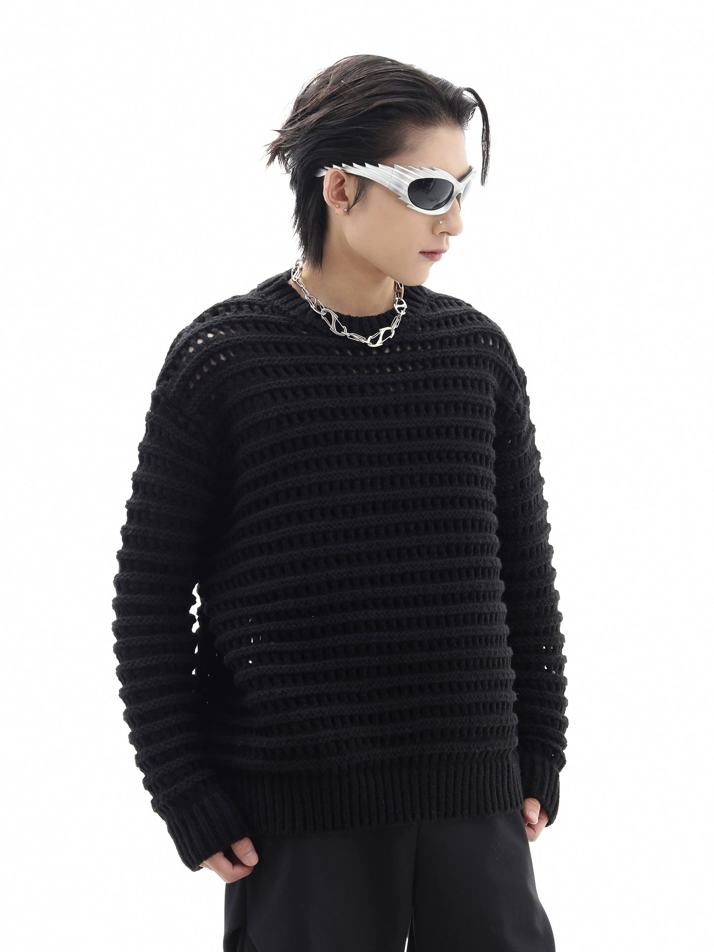 Mesh Hollow-Out Round Neck Knit Sweater WN10448