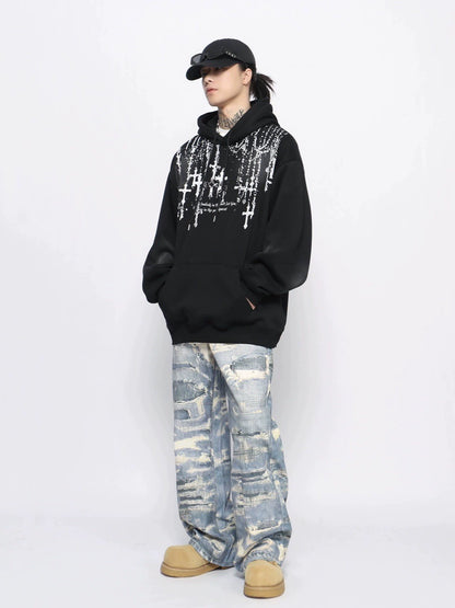 Cross Print Fleece Linning Oversize Pullover Hoodie WN10934