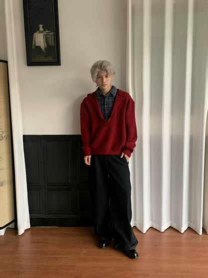 Plaid Patch Fake Layered Hooded Knit Sweater WN22228