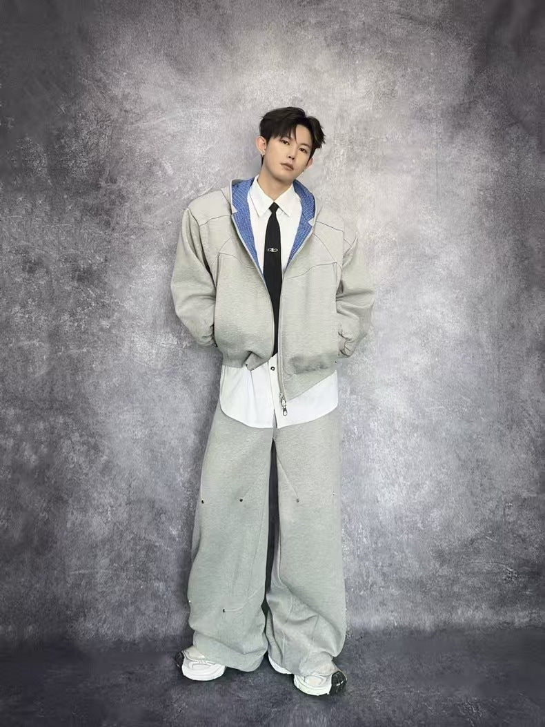 Deconstructed Structured Heavyweight Hooded Jacket & Wide Leg Pants Setup WN27845