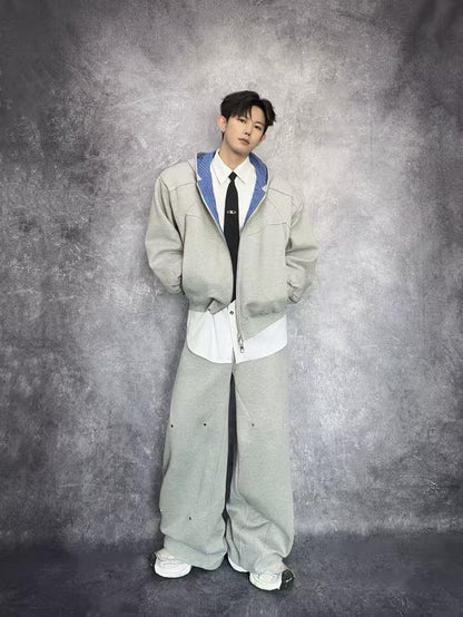 Deconstructed Structured Heavyweight Hooded Jacket & Wide Leg Pants Setup WN27845