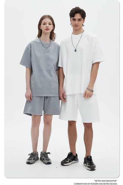 Washed Dyed Oversize Damage Short-sleeve T-shirt & Short Sweatpants Setup WN6630