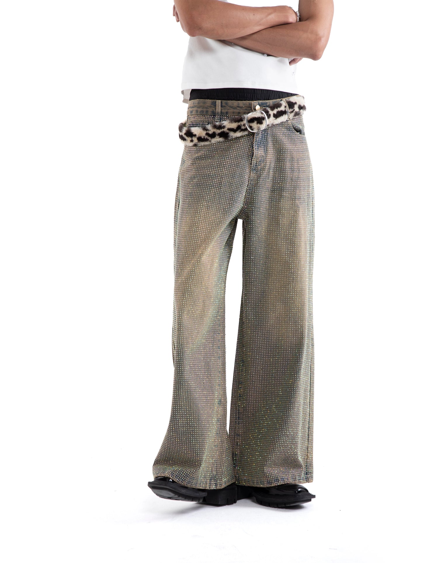 Rhinestone Washed Strap Wide Leg Straight Denim Jeans WN20648