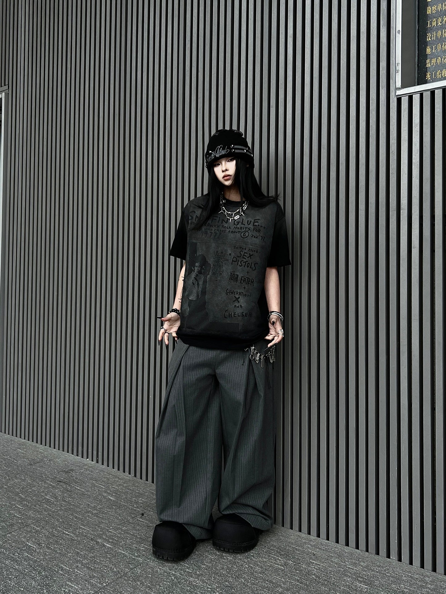 Double Waist Pleats A-Line Stripe Draped Wide Leg Trousers WN24225