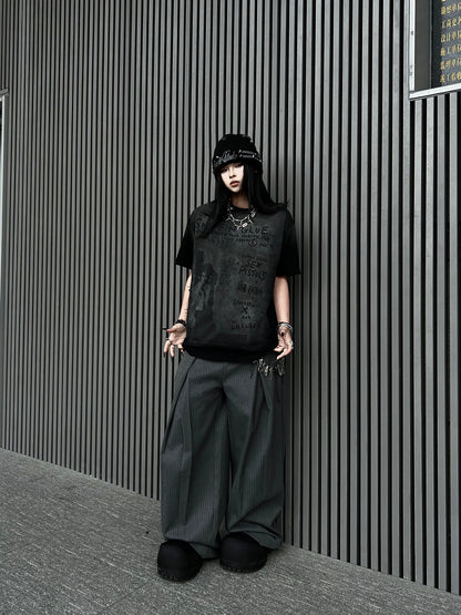 Double Waist Pleats A-Line Stripe Draped Wide Leg Trousers WN24225