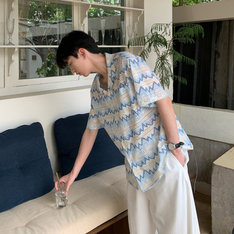 Wave Pattern Open Collar Short Sleeve Shirt WN24883