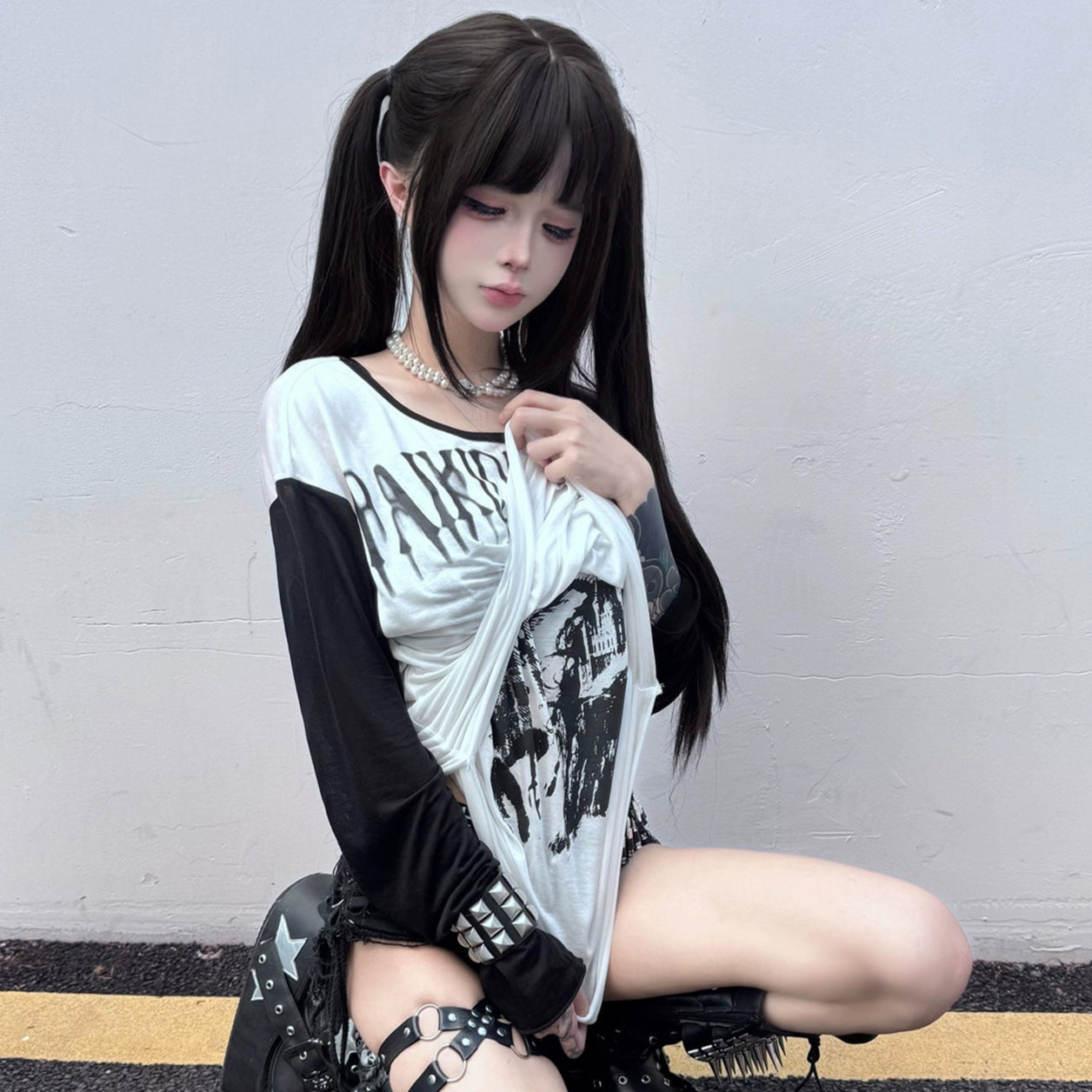 Sheer Print Double Layer Long Sleeve T-Shirt WN20899