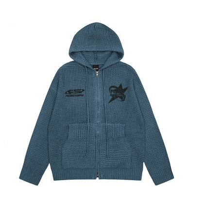 Waffle Knit Embroidery Oversize Zipper Hoodie WN24192