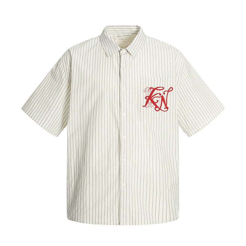 Embroidery Striped Turn-Down Collar Short Sleeve Shirt WN18537