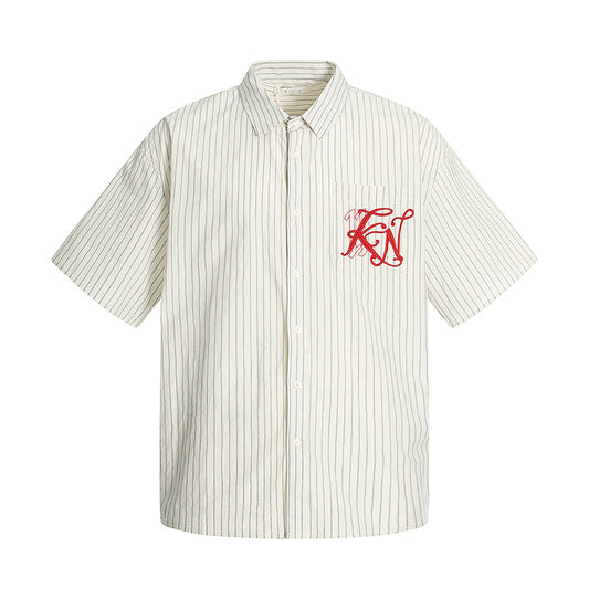 Embroidery Striped Turn-Down Collar Short Sleeve Shirt WN18537