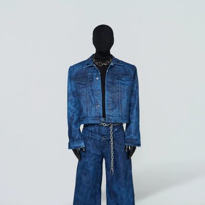 Wax Coated Short Denim Jacket & Wax Coated Wide Leg Denim Jeans Setup WN24308