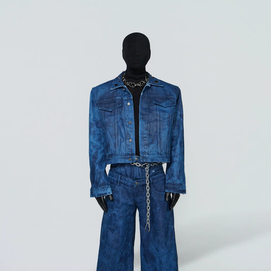 Wax Coated Short Denim Jacket & Wax Coated Wide Leg Denim Jeans Setup WN24308