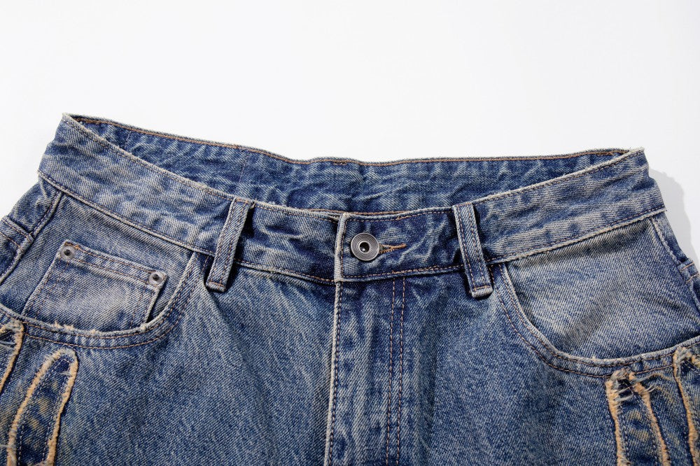 Frayed Applique Embroidery Washed Wide Leg Denim Jeans WN27833