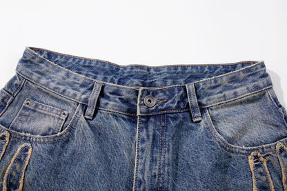 Frayed Applique Embroidery Washed Wide Leg Denim Jeans WN27833
