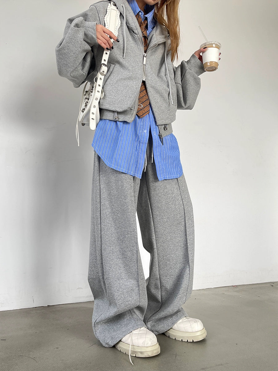 Oversize Dual Zipper Hoodie & Wide Leg Sweatpants Setup WN9607