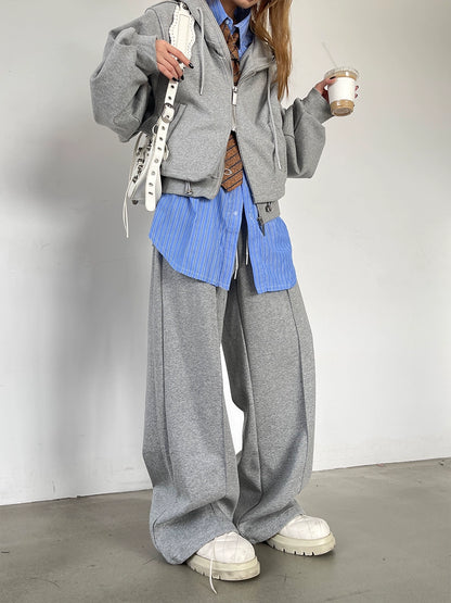 Oversize Dual Zipper Hoodie & Wide Leg Sweatpants Setup WN9607