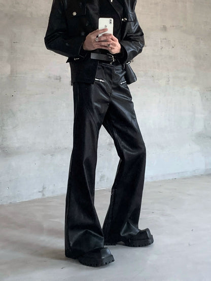 Deconstructed Zipper Design PU Leather Flare Pants WN20057