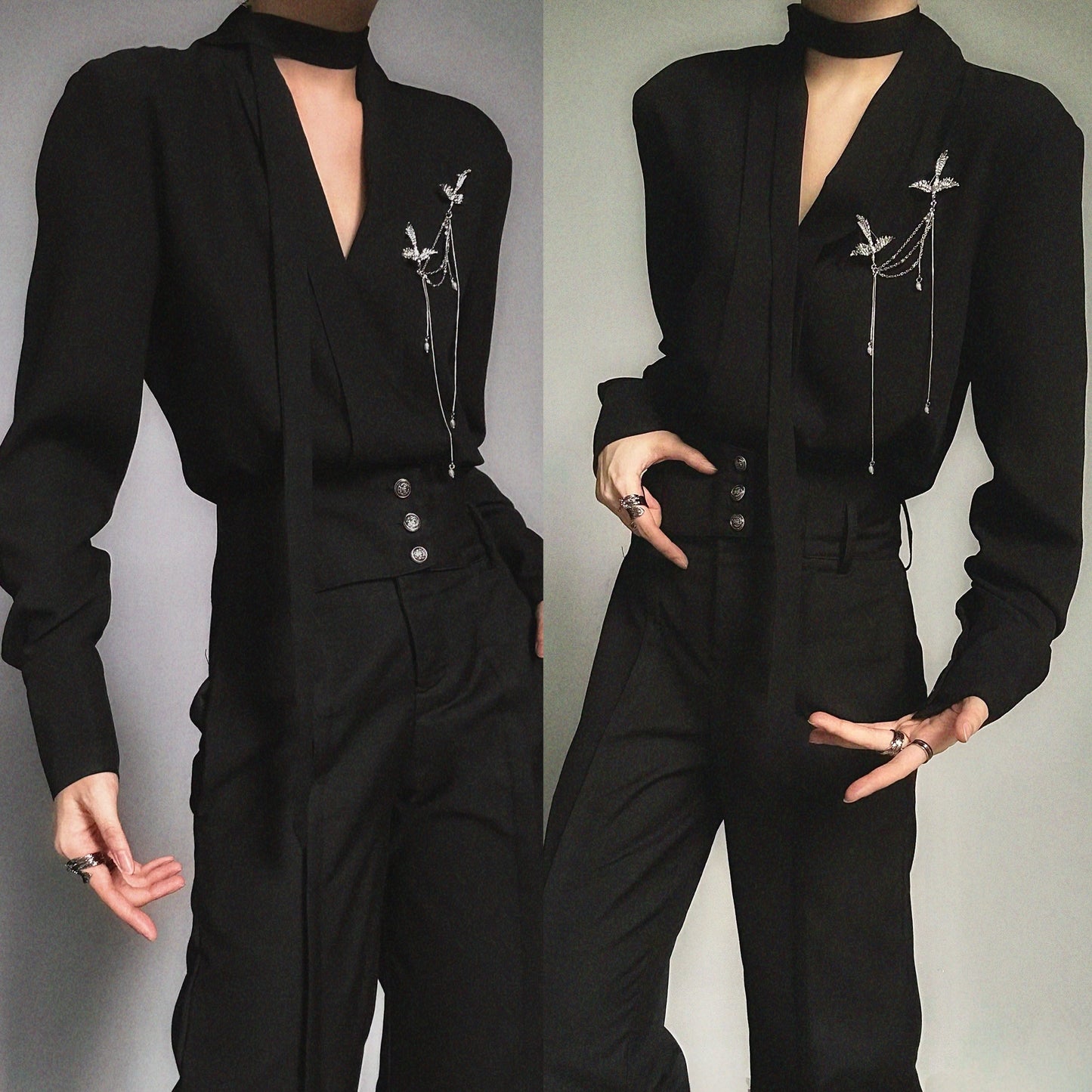 V-Neck Tie Drape Long Sleeve Shirt WN23130