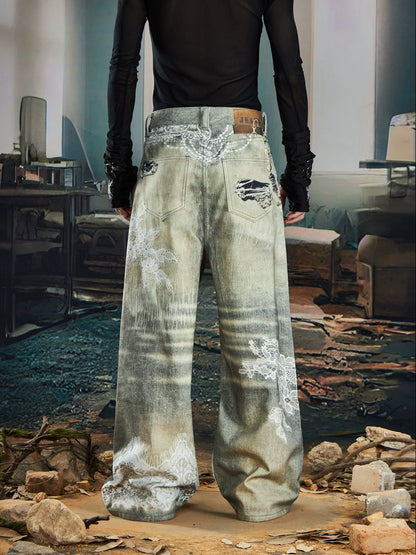 3D Lace Bead Print Straight Denim Jeans WN20578