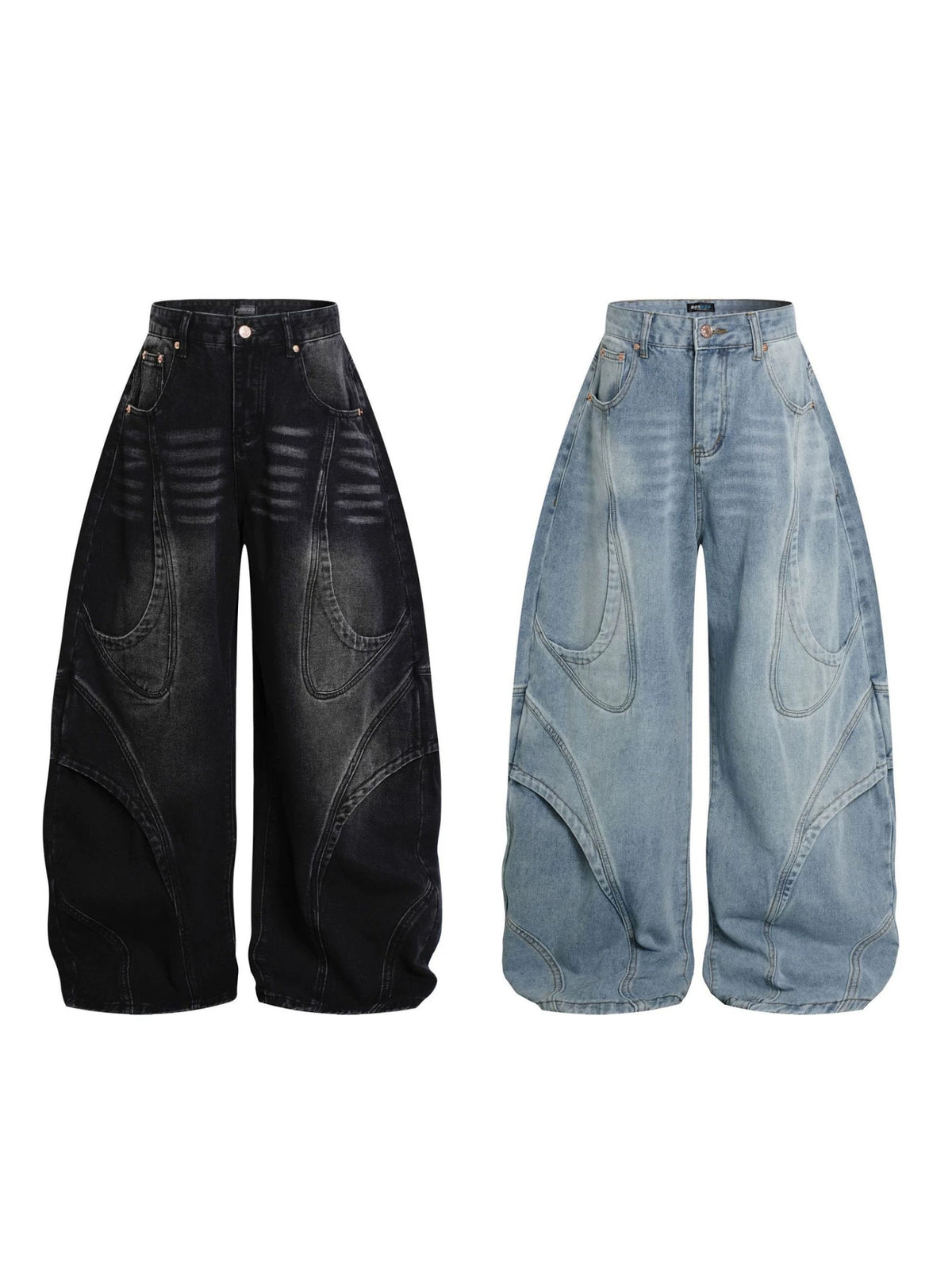 Deconstruction Curved Panel Wash Wide Leg Denim Jeans WN27930