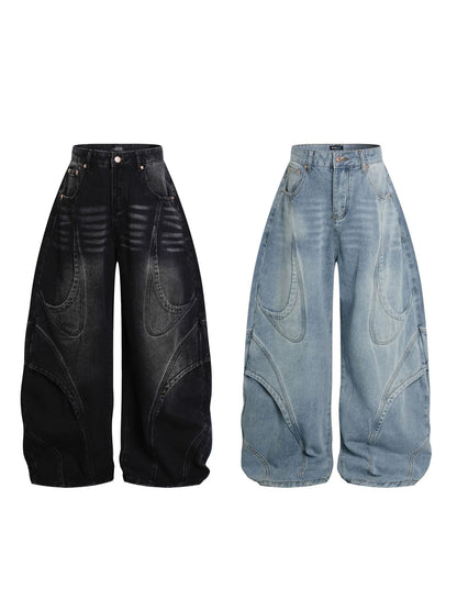 Deconstruction Curved Panel Wash Wide Leg Denim Jeans WN27930