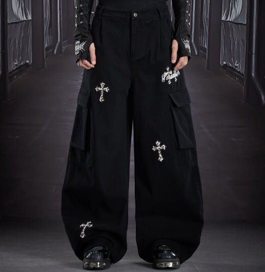 Patchwork Cross Leopard Print Embroidery Multi Pocket Cargo Pants WN22904