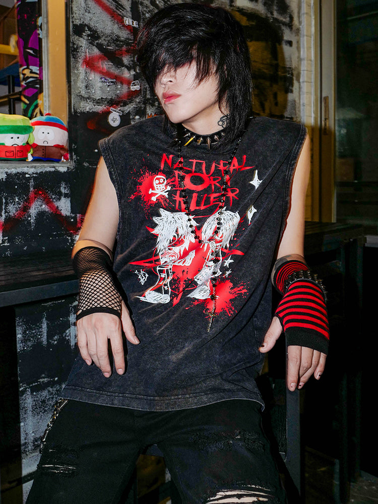 Graphic Design Washed Loose Sleeveless T-Shirt WN15903