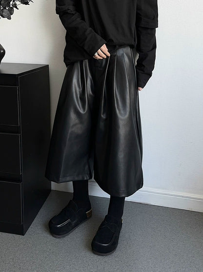 PU Leather Wide Leg Half Pants WN19365