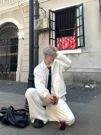 Shoulder-Pad Zipper Jacket & Minimalist Design Trousers Setup WN19830