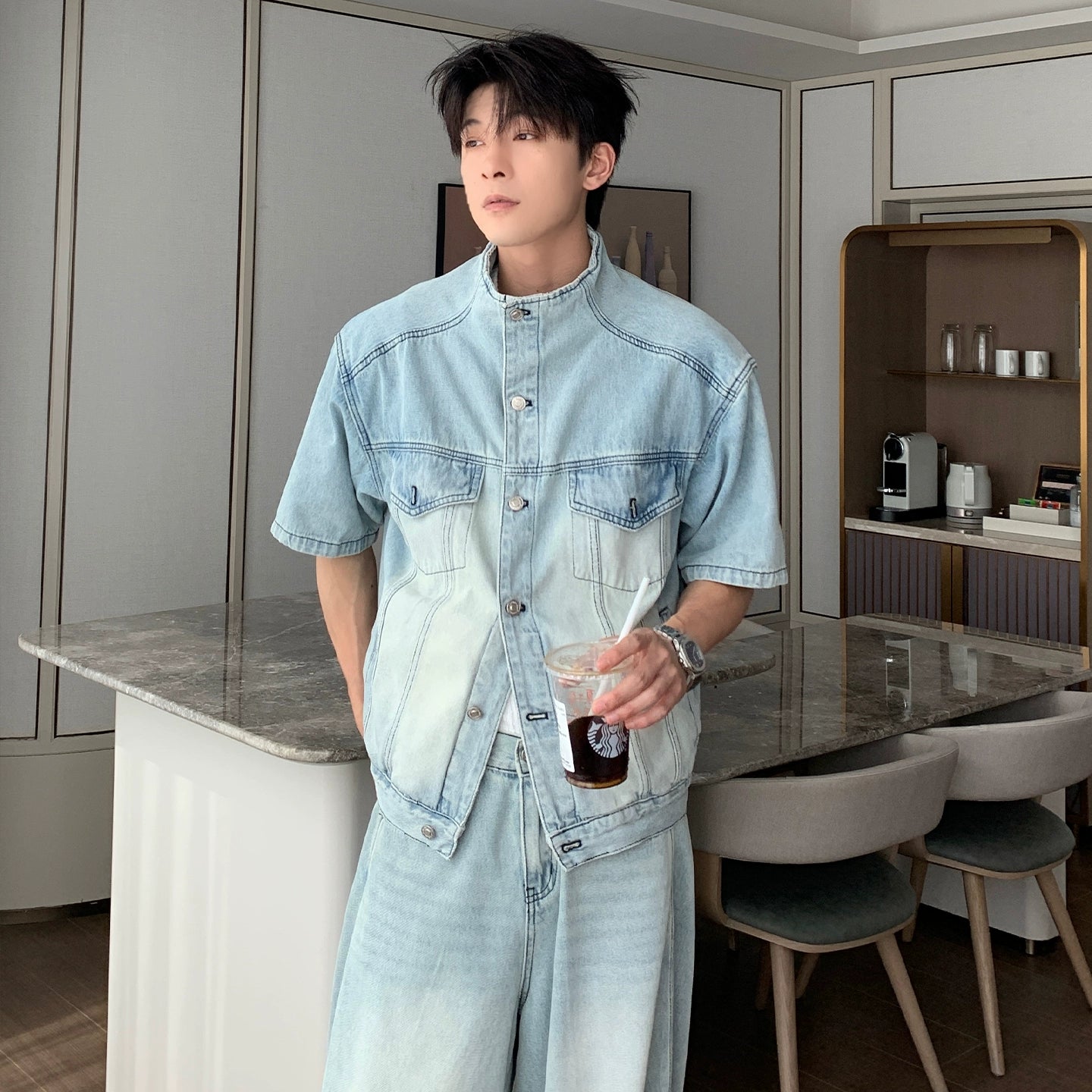 Denim Shirt Jacket & Wide Leg Denim Jeans Setup WN20451