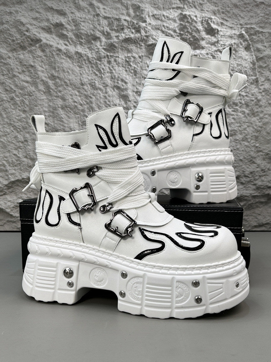Flame Embroidery Strap Buckle Platform Short Boots WN24578