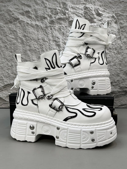 Flame Embroidery Strap Buckle Platform Short Boots WN24578