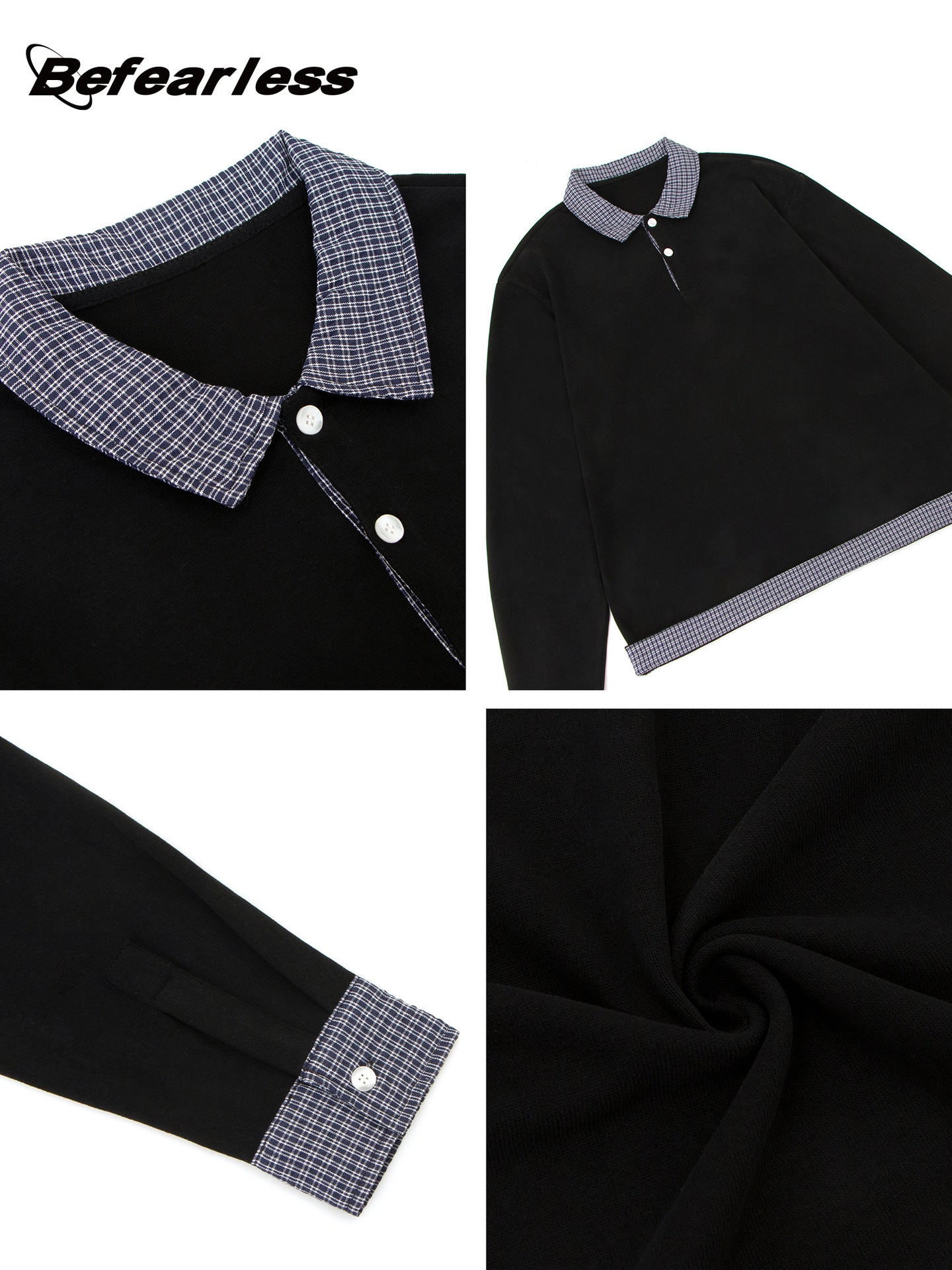 Heavyweight Plaid Fake Layered Polo-Collar Boxy Long Sleeve T-Shirt WN26323